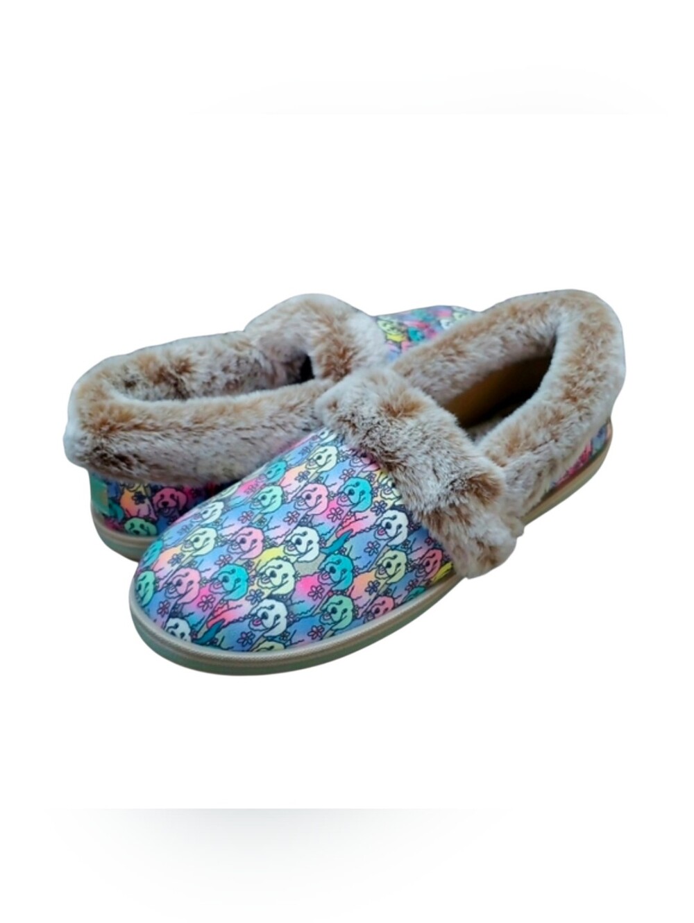 Women's BOBS  Skechers Too Cozy Pooch Parade Slipper Beige Multi Size 9.5 NWOB